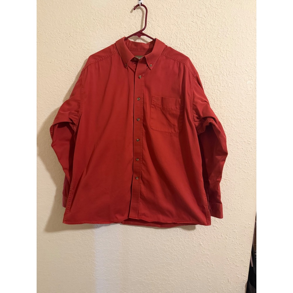 Ariat Mens XL Red Cotton Twill Long‎ Sleeve Button Down Western Shirt Pocket